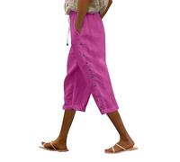 Couawaticy Trousers for Women UK Linen Trousers Womens Drawstring Elastic Waist Cropped Lightweight Summer Capri Pants with Pockets Casual 3 4 Length Beach Pants for Ladies hot Pink-b XL