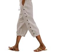 Couawaticy Trousers for Women UK Linen Trousers Womens Drawstring Elastic Waist Cropped Lightweight Summer Capri Pants with Pockets Casual 3 4 Length Beach Pants for Ladies Yellow-a l