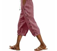 Couawaticy Wide Leg Trousers for Women UK Linen Trousers Womens Drawstring Elastic Waist Cropped Lightweight Summer Capri Pants with Pockets Casual 3 4 Length Beach Pants for Ladies red-c