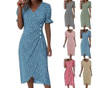 Couawaticy Womens Dresses Summer Dresses for Women UK 2025 Boho Causal Short Sleeve Vacation Floral Button Linen Dress with Pockets Ladies Maxi Printing Party Club Elegant Beach Dresses Blue-B M