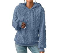 Couawaticy womens hoodies Y2k Thickened Hoodies for Women UK Plus Size Solid Plush Spliced Jacquard Pocket Drawstrings Jumpers Black Fleece Long Sleeves Pullover Sweatshirts Blue XXL