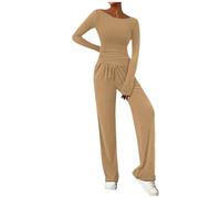 Couawaticy Women's Two Piece Tracksuit Set - Full Set Long Sleeve Tops & Wide Leg Trousers - Casual Lounge Wear Co Ord Sets - Matching Activewear Gym Sets - Khaki, M
