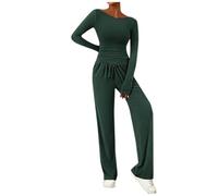 Couawaticy Women's Two Piece Tracksuit Set - Long Sleeve Tops & Wide Leg Trousers - Comfortable & Stylish Co Ord Sets - Airport Outfits & Lounge Wear - Green, M