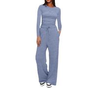 Couawaticy Women's Two Piece Tracksuit Set - Long Sleeve Tops & Wide Leg Trousers - Comfortable & Stylish Co Ord Sets - Airport Outfits & Lounge Wear - Light Blue, M