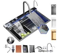 Coubird Waterfall Kitchen Sink 80X45CM, Multifunctional Smart Kitchensink with Waterfall Faucet, Large Single Bowl Grey & Black Kitchen Sink Unit with Cup Rinser & 4 Spray Modes