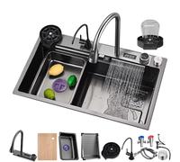 Coubird Waterfall Kitchen Sink 81X50CM, Multifunctional Smart Kitchensink with Waterfall Faucet, Large Single Bowl Grey & Black Kitchen Sink Unit with Cup Rinser & 4 Spray Modes