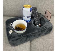 Couch Cup Holder Pillow, Couch Drinks Remotes Holder for Center of Couch, for Sofa, Bed, RV, Car (Gray)