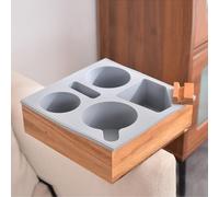Couch Cup Holder Tray - Soft Silicone Caddy With 360° Rotatable Phone Holder, Waterproof Wooden Sofa Drink Organizer for Bed, Car Seat, Beach