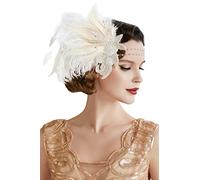 Coucoland Feather Headpiece - 1920s Vintage Flapper Headband with Crystal Feathers - Great Gatsby Costume Accessory (White, One Size)