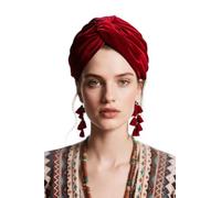 Coucoland Womens Turban Hat with Tassel Vintage Head Wrap Knit Pleated Turban, Wine Red, One Size