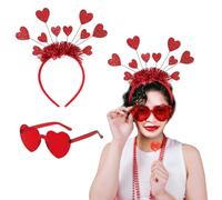 couduan 2 Pcs Valentine's Day Party Favors,Red Heart Sequin Headband and Heart Sunglasses,Sequin Headband with Tinsel Heart Headband,Rimless Glasses for Holiday Wedding Birthday Party Valentines Day