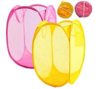 Coufce 2 Pcs Foldable Pop-Up Laundry Hamper, Mesh Clothes Basket with Side Pocket and Carry Handles, Collapsible Storage for Dirty Laundry(Yellow and Pink)