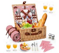 Couleeur Wicker Picnic Basket Set for 4 Person, Vintage Picnic Hamper, with Cooler Compartment, Waterproof Blanket, Plates, Glasses, Cutlery, for Camping, Outdoor Party, Day Travel, Beach, Hiking, Red