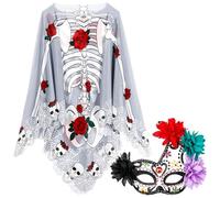 Coume 2 Pieces Skeleton Halloween Costume Chiffon Skeleton Cape Poncho for Women Day of the Dead Poncho Skull Masquerade Mask Masque Fancy Dress for Halloween (Gray,Rose Skull)