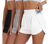 Coume 3 Pack Women's Running Shorts with Pockets Quick Dry Elastic Waist Athletic Workout Gym 1.75" Shorts with Liner, Black Gray White, L