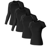 Coume 4 Pack Women's Compression Shirts Quick Dry Long/Short Sleeve Workout T-Shirt Athletic Top Baselayer Sport Yoga Gym, Black, L