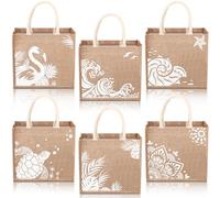 Coume 6 Pack Beach Burlap Tote Bags Bulk Jute Tote Bags with Enhanced Handles 14.2" x 12.6" x 7.5" Large Beach Bag for Travel Shopping Wedding Bridesmaid Beach Party Gift DIY Crafts(Main White)