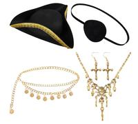 Coume 6pcs Halloween Pirate Costume Accessory Sets, Pirate Tricorn Hat Eye Mask Skull Necklace Earrings Waist Chain Women Men