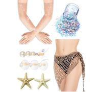 Coume 7 Pcs Halloween Mermaid Costume Accessory Includes Swimwear Cover Up Fishnet Skirt, 4 Pcs Shell Starfish Hair Clips, Rhinestone Fishnet Long Gloves, Mermaid Sequins Glitter for Women Cosplay