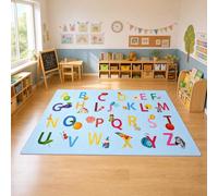 Coume Classroom Rug Elementary 7.6 x 5 ft ABC Alphabet & Animal Words Educational Carpet Large Learning Play Mat with Non-Slip Backing for Kids Toddlers Preschool Kindergarten (Blue Abc's)
