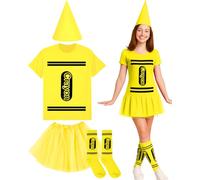 Coume Halloween Crayon Costume Set Crayon T Shirt Tutu Hat Sock Halloween Group Team Funny Shirt Tutu for Women Cosplay(Yellow,3xl)