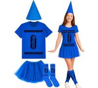 Coume Halloween Crayon Costume Set Crayon T Shirt Tutu Hat Sock Halloween Group Team Funny Shirt Tutu for Women Cosplay(Blue,3xl)