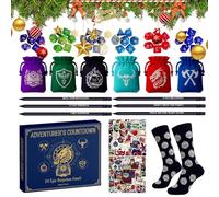 Coundown Calendar, 13.19 Inch 24 Days Advent Activity for Family Fun, Polyhedral Dice Pouch Bases Sticker Necklaces Socks with Daily Surprises