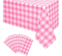 Counfeisly 12 Pack Pink and White Checkered Plastic Table Cloth, 108" x 54" Disposable Gingham Tablecovers for Picnic, Party, Wedding, Holiday Events