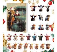 Countdown Highland Cattle, 24 Doors with Christmas Cow Jewellery, 2D Acrylic Animal Pendant for Children and Adults as a Party Gift, Tree Decoration, Car Rear View Mirror