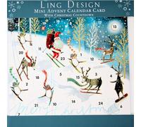 Countdown to Christmas - 24 Door - Festive Mini (6.5" x 6.5") Advent Calendar Gift Card with Envelope by Ling Design (Skiing Santa & Friends)