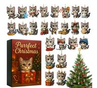 Countdown To Christmas - 2D Acrylic Cat Advent - 24-Piece Flat Cat Ornament Christmas 2025 | for Car Rearview Classroom Stocking Stuffer Holiday Party Garden Tree