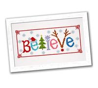 Counted Cross Stitch Kit 'Believe' - Embroidery Set for The Holidays, Encouragement, or Inspiring Everyday Possibilities with a Christmas Tree, Snowflake, Deer and Santa Hat