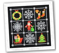 Counted Cross Stitch Kit 'Merry Christmas' - Easy-to-do Embroidery Sampler Set for the Christmas and New Year Holidays, Encouragement, with a Christmas Tree, Snowflake, and Santa on a Black Canvas