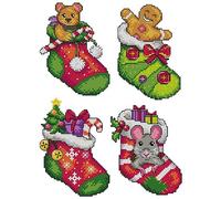 Counted Cross-Stitch Kit on Plastic Canvas with Christmas stockings. 4 Amazing Ornaments Different Dimensions 150CS. Great for Embroidery & Needlework Amateurs
