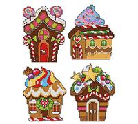 Counted Cross-Stitch Kit on Plastic Canvas with Gingerbread Houses. 4 Christmas Ornaments Different Dimensions 127CS. Great for Embroidery & Craft Amateurs