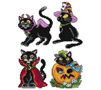 Counted Cross-Stitch Kit on Plastic Canvas with Halloween Cats. 4 Fascinating Ornaments Different Dimensions 146CS. Marvelous for Embroidery & Craft Amateurs