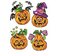 Counted Cross-Stitch Kit on Plastic Canvas with Halloween Pumpkins. 4 Allhallows Eve Ornaments Different Dimensions 126CS. Perfect for Embroidery & Needlework Amateurs