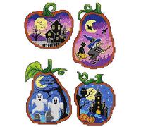 Counted Cross-Stitch Kit on Plastic Canvas with Halloween Scenes. 4 Lovely Ornaments Different Dimensions 147CS. Perfect for Art & Craft Amateurs