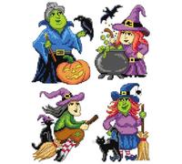 Counted Cross Stitch Kit on Plastic Canvas with Halloween witches. 4 Fascinating Ornaments Different Dimensions 160CS. Great for Art & Craft Amateurs