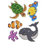 Counted Cross-Stitch Kit on Plastic Canvas with Sea Dwellers. 4 Cute Ornaments Different Dimensions 101CS. Marvelous for Art & Craft Amateurs Multicolored
