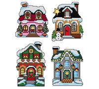 Counted Cross-Stitch Kit on Plastic Canvas with Winter Houses. 4 Christmas Ornaments Different Dimensions 112CS. Perfect for Art & Craft Amateurs