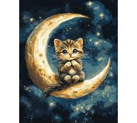 Counted Printed Cross Stitch Kits, Animal cat and Moon Cross Stitch Embroidery Kits 11CT Stamped Embroidery Kits with Patterns and Instructions 40x50cm