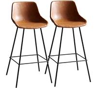 Counter Bar Stool Set of 2 with Backrest and Footrest, Industrial Barstool for Kitchen, Velvet Black Metal Legs, Seat Interesting (Brown Height 65cm)