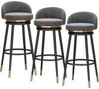 Counter Height Bar Stools Set of 3, 26/30" Velvet -Degree Swivel Barstools with Back and Footrest, Upholstered Bar Chairs for Kitchen Counter Cafe (Grey-Black legs,65cm)