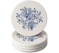 CounterArt Blue & White Floral Round Absorbent Stone Coaster 4 Pack with Protective Cork Backing. Manufactured in The USA