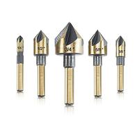 Countersink Drill Bit Set, 5 Pieces High Speed Steel 82 Degree 5 Flute 6mm Round Shank Mill Cutter Bit Countersink in Sizes 1/4” 3/8” 1/2” 5/8” 3/4” Set with Carrying Case.