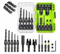 Countersink Drill Bit Set for Wood, 15 PCS Depth-Adjustable Tapered Bits with Wood Plug Cutters High Speed Steel HSS Woodworking Tools for Furniture Cabinets, Hex Shank for Impact Driver Drill Press
