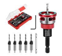 Countersink Drill Bit Set with Depth Stop, 5 PCS TCT Cutters & HSS Bits | Adjustable Aluminum Alloy Stop Collar, L-wrench and S2 PH2 Screwdriver Bit, 1/4" Hex Shank Counter Sink Drill Bit for Wood