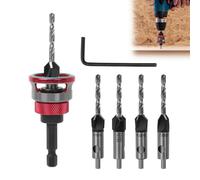 Countersink Drill Bit Set with Depth Stop, 6-Piece Woodworking Drill Bit with 1/4 Inch Hex Shank, Precise Drills 2.8 x 8 mm,3.2 x 8 mm, 3.5 x 10 mm,4 x 10 mm for Wood Processing (red)