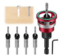 Countersink with Depth Stop, 6-Piece Countersink Drill Bit Set, with 1/4 Inch Hex Shank, Diameter of 2.8, 3.2, 3.5, 4 mm Precise Holes, for Wood Processing, Even Drilling